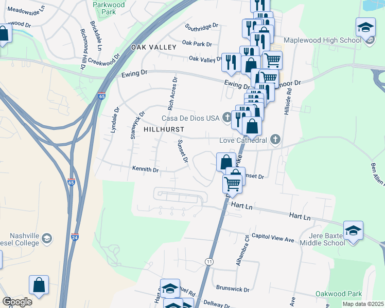map of restaurants, bars, coffee shops, grocery stores, and more near 903 Sunset Circle in Nashville