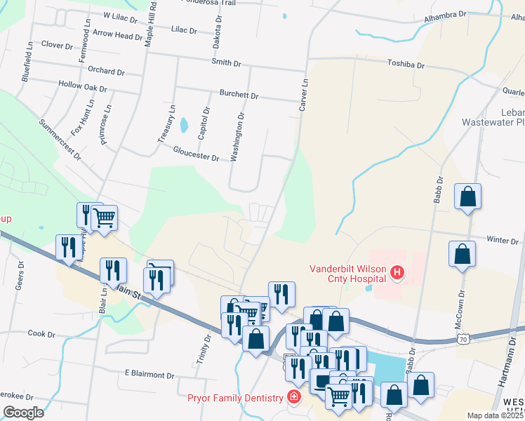 map of restaurants, bars, coffee shops, grocery stores, and more near 216 Carver Lane in Lebanon