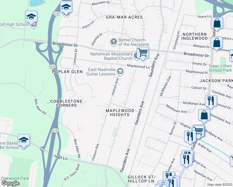 map of restaurants, bars, coffee shops, grocery stores, and more near 4018 Hutson Avenue in Nashville