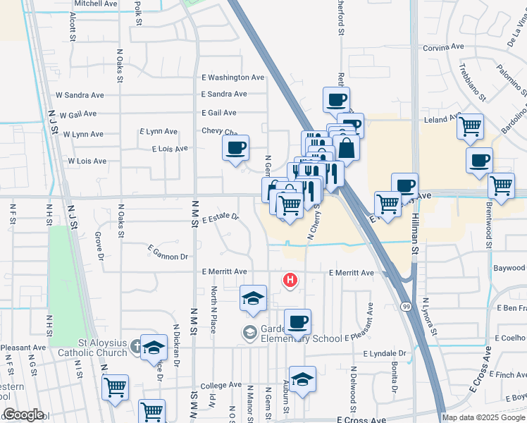 map of restaurants, bars, coffee shops, grocery stores, and more near 1232 North Gem Street in Tulare