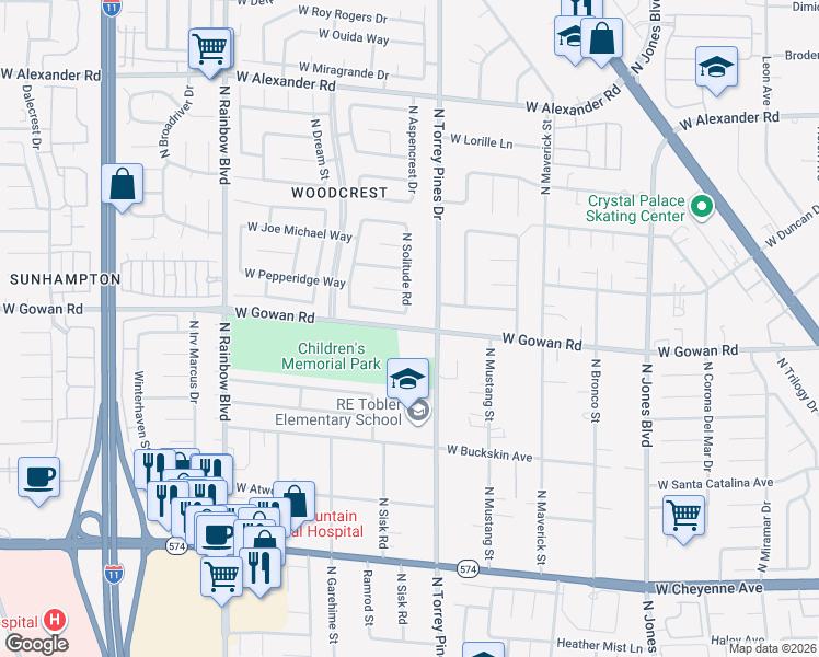 map of restaurants, bars, coffee shops, grocery stores, and more near West Gowan Road in Clark County