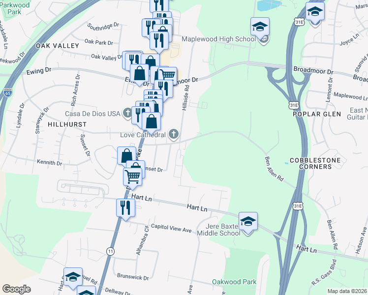 map of restaurants, bars, coffee shops, grocery stores, and more near 700 Arbor Trace Circle in Nashville