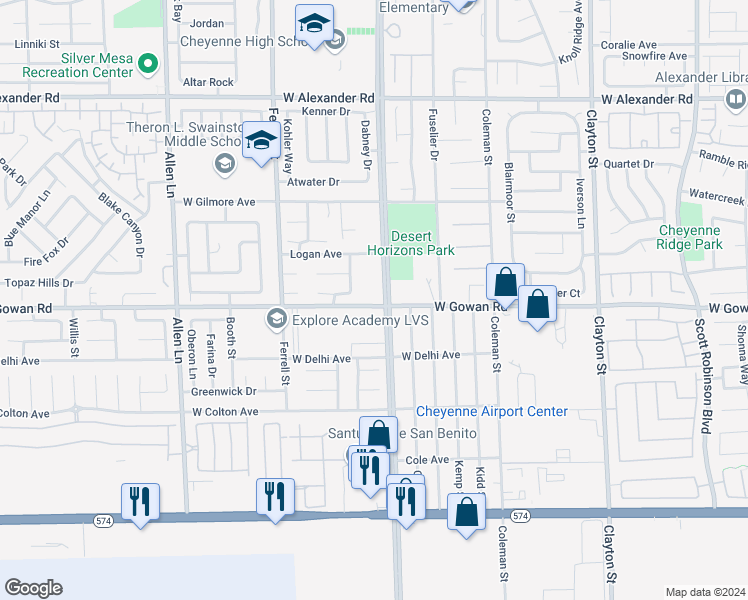 map of restaurants, bars, coffee shops, grocery stores, and more near West Gowan Road in Clark County