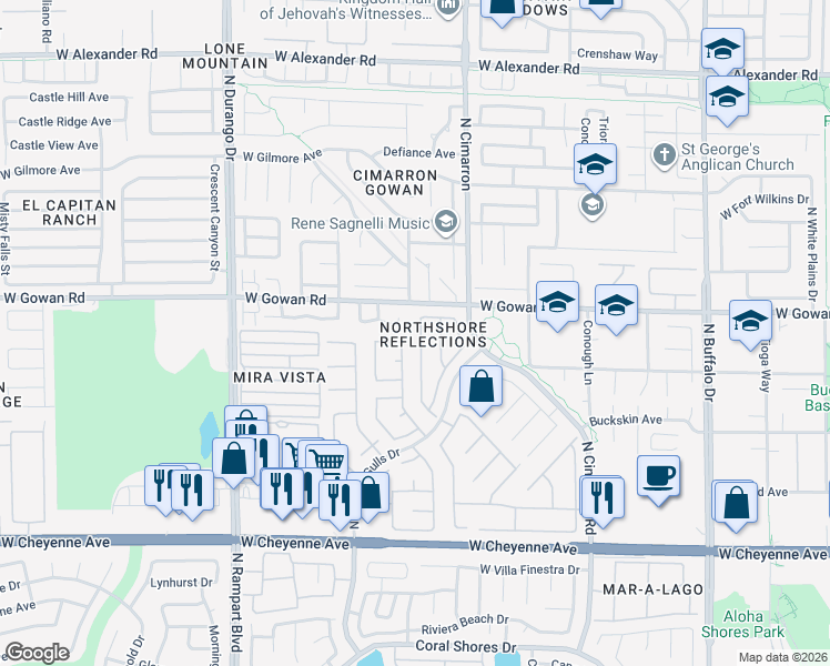 map of restaurants, bars, coffee shops, grocery stores, and more near 3529 Round Valley Way in Las Vegas