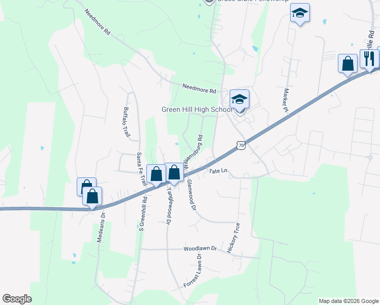 map of restaurants, bars, coffee shops, grocery stores, and more near 95 Williamsburg Road in Mt. Juliet