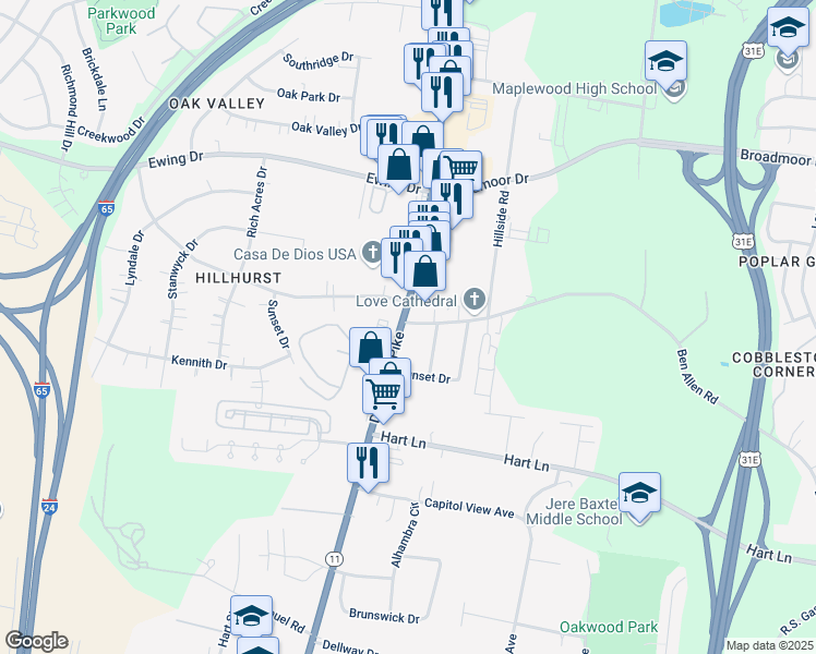 map of restaurants, bars, coffee shops, grocery stores, and more near 2939 Dickerson Pike in Nashville