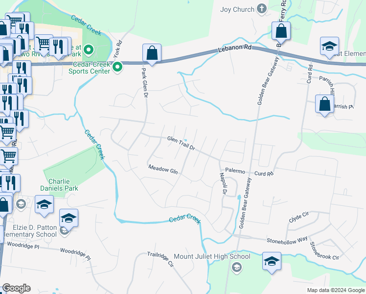 map of restaurants, bars, coffee shops, grocery stores, and more near 5001 Millpond Court in Mount Juliet