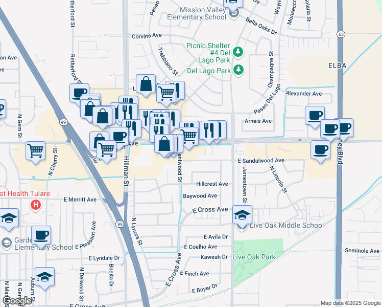 map of restaurants, bars, coffee shops, grocery stores, and more near 1449 East Prosperity Avenue in Tulare