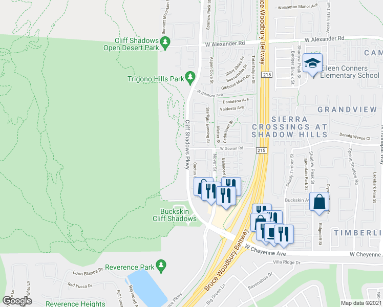 map of restaurants, bars, coffee shops, grocery stores, and more near 3575 Cactus Shadow Street in Las Vegas
