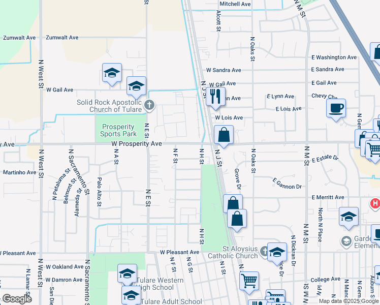 map of restaurants, bars, coffee shops, grocery stores, and more near 400 West Allstar Avenue in Tulare