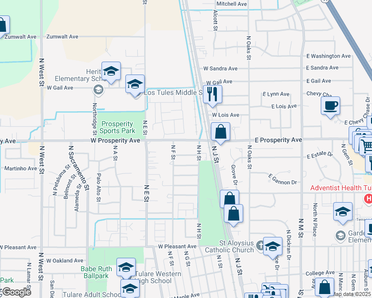 map of restaurants, bars, coffee shops, grocery stores, and more near 484 West Allstar Avenue in Tulare