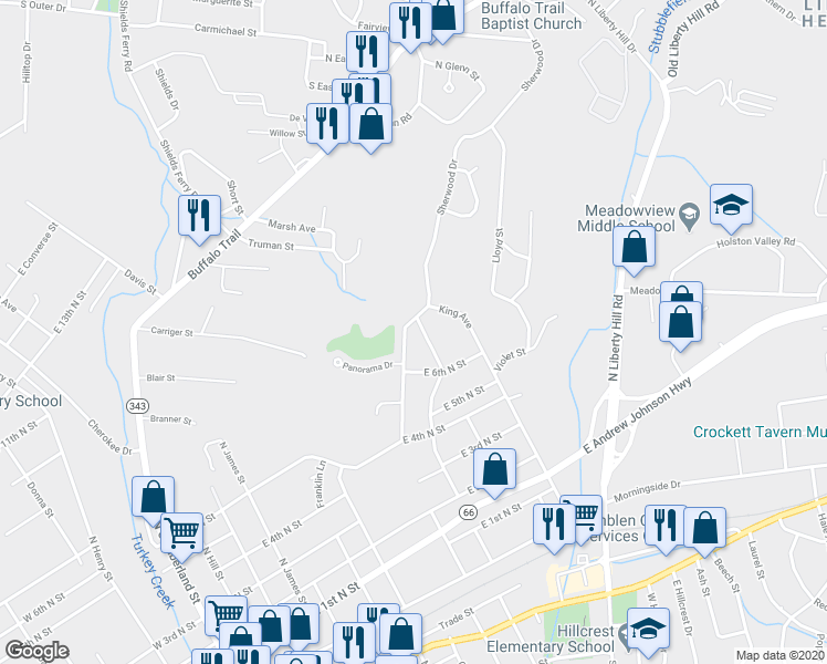 map of restaurants, bars, coffee shops, grocery stores, and more near 736 Sherwood Drive in Morristown