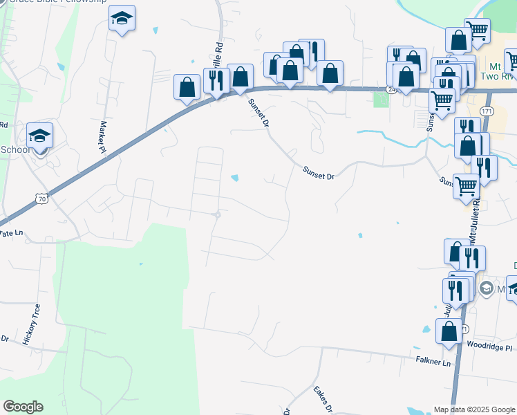 map of restaurants, bars, coffee shops, grocery stores, and more near 716 Tennypark Lane in Mt. Juliet