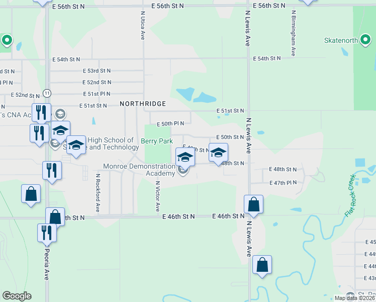 map of restaurants, bars, coffee shops, grocery stores, and more near 4819 North Xanthus Avenue in Tulsa