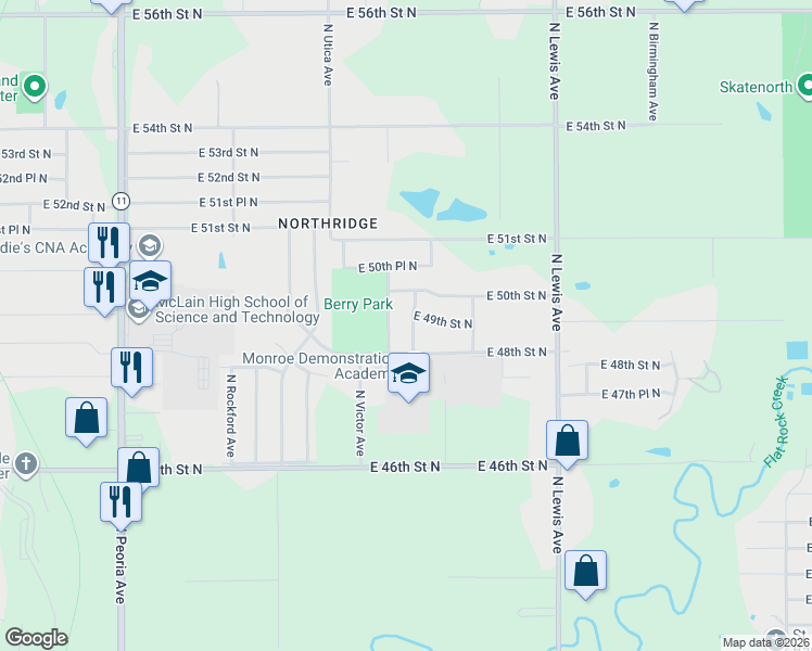 map of restaurants, bars, coffee shops, grocery stores, and more near 4819 North Xanthus Avenue in Tulsa