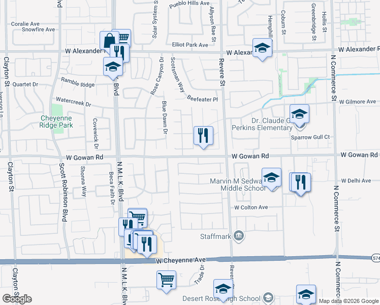 map of restaurants, bars, coffee shops, grocery stores, and more near 1025 Serengeti Court in North Las Vegas