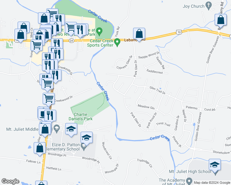 map of restaurants, bars, coffee shops, grocery stores, and more near 622 Creekfront Drive in Mount Juliet