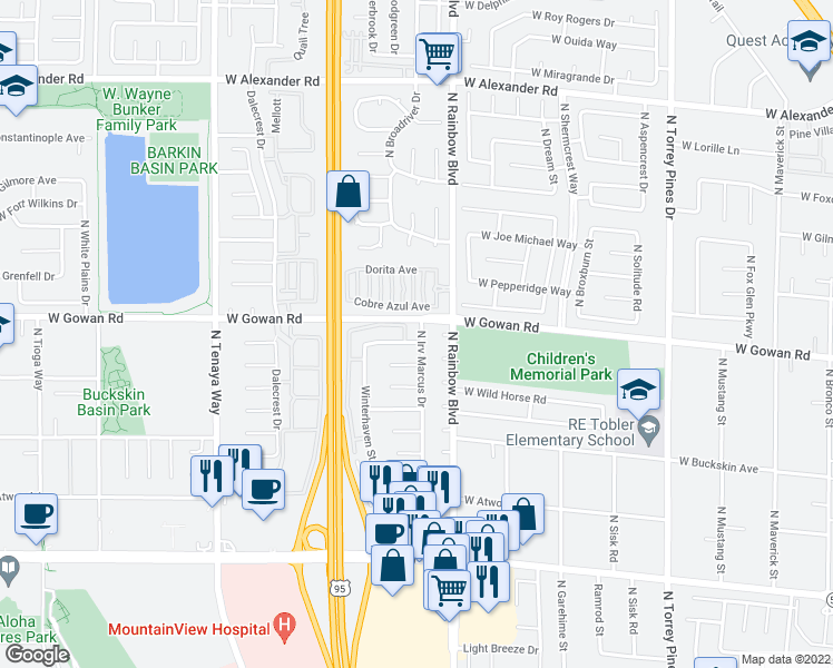 map of restaurants, bars, coffee shops, grocery stores, and more near 202 North Irv Marcus Drive in Las Vegas