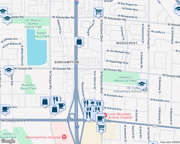 map of restaurants, bars, coffee shops, grocery stores, and more near 6808 West Elm Creek Drive in Las Vegas
