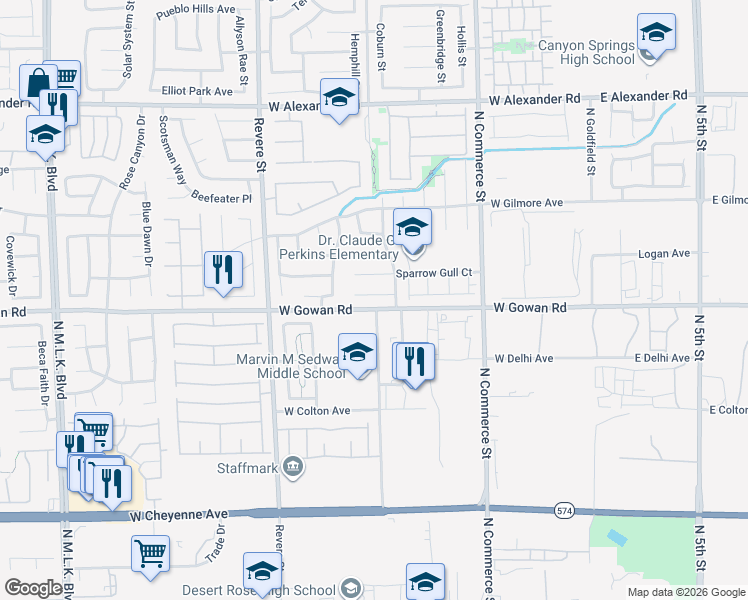 map of restaurants, bars, coffee shops, grocery stores, and more near 521 Wing Gull Court in North Las Vegas