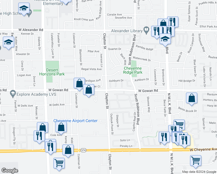 map of restaurants, bars, coffee shops, grocery stores, and more near 3609 Cantabella Court in North Las Vegas