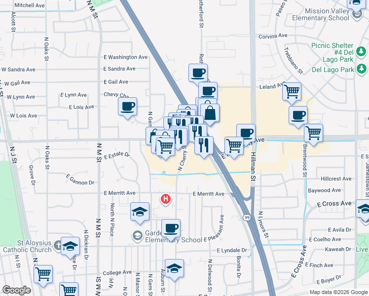 map of restaurants, bars, coffee shops, grocery stores, and more near 1255 North Cherry Street in Tulare