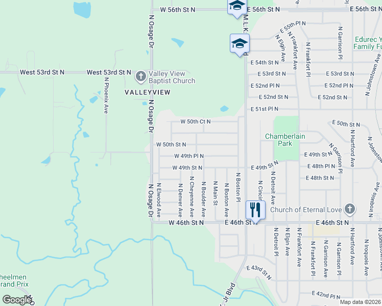 map of restaurants, bars, coffee shops, grocery stores, and more near 133 West 49th Place North in Tulsa