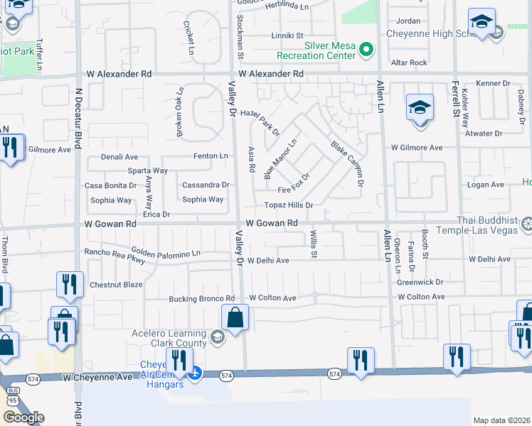 map of restaurants, bars, coffee shops, grocery stores, and more near 4115 Topaz Hills Drive in North Las Vegas