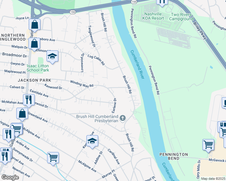 map of restaurants, bars, coffee shops, grocery stores, and more near 1500 Winding Way Road in Nashville