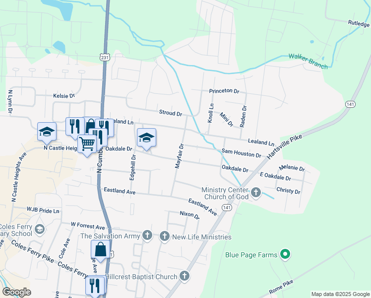 map of restaurants, bars, coffee shops, grocery stores, and more near 400 Sam Houston Drive in Lebanon