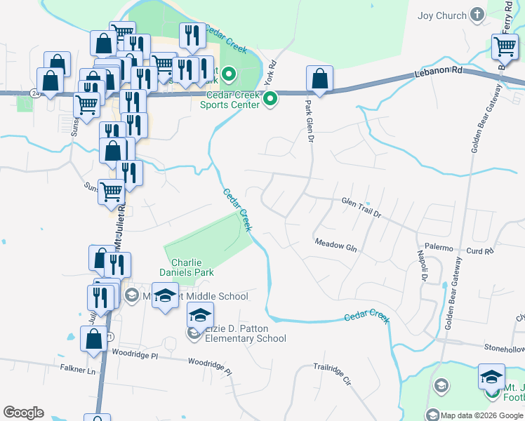 map of restaurants, bars, coffee shops, grocery stores, and more near 626 Creekfront Drive in Mt. Juliet