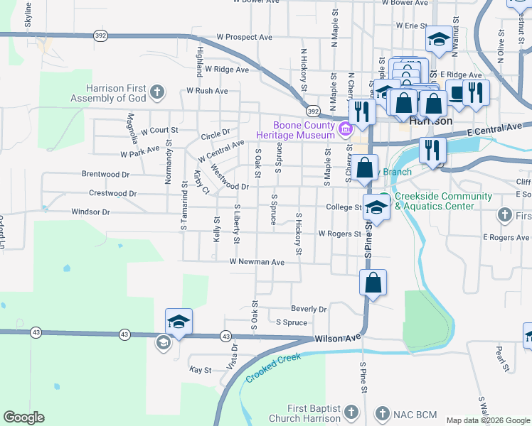 map of restaurants, bars, coffee shops, grocery stores, and more near 800 West College Avenue in Harrison