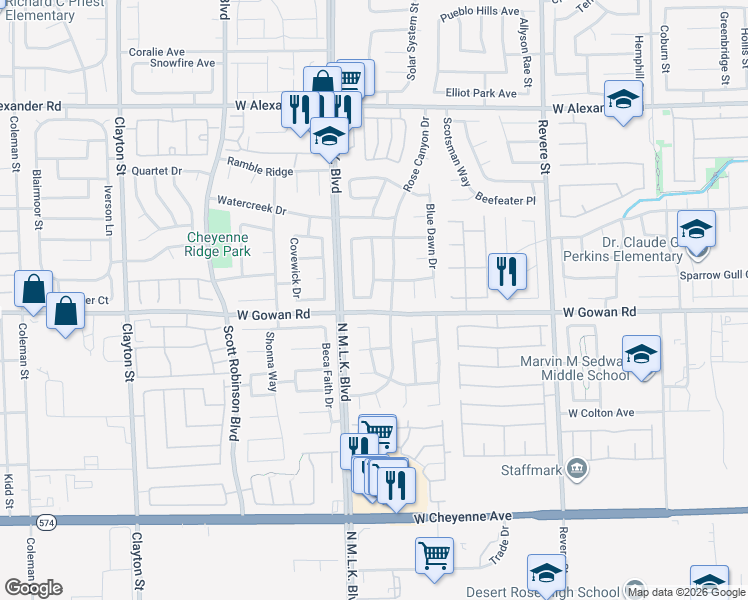 map of restaurants, bars, coffee shops, grocery stores, and more near 3614 Glacier Grove Dr in North Las Vegas