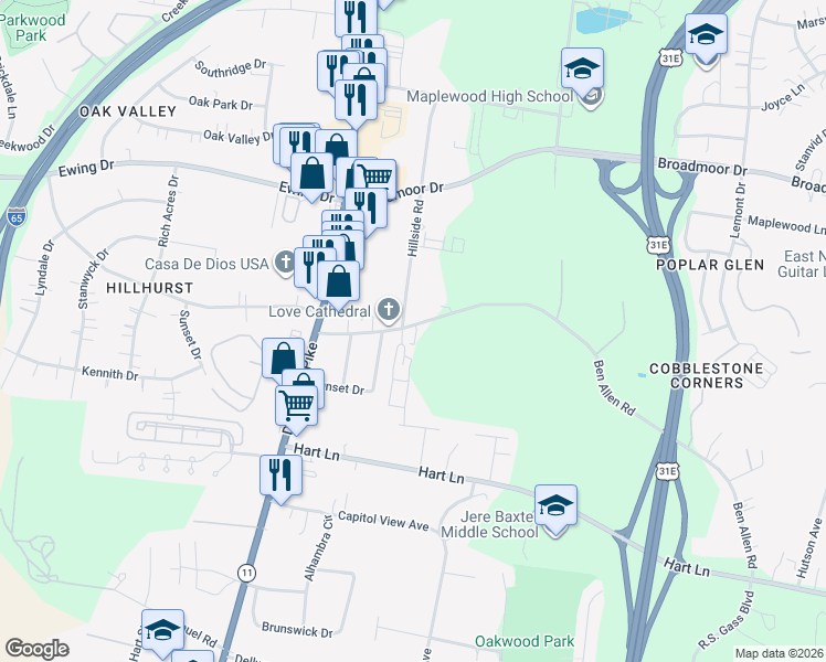 map of restaurants, bars, coffee shops, grocery stores, and more near 700 Arbor Trace Circle in Nashville