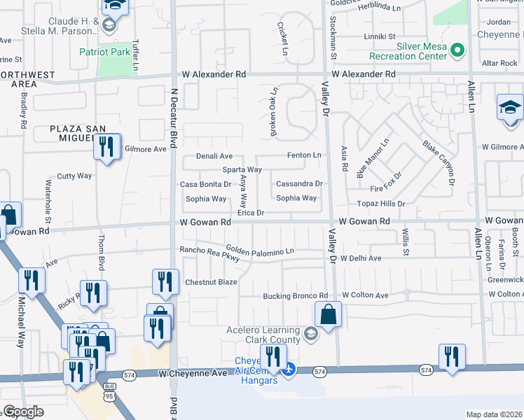 map of restaurants, bars, coffee shops, grocery stores, and more near 4425 Erica Drive in North Las Vegas