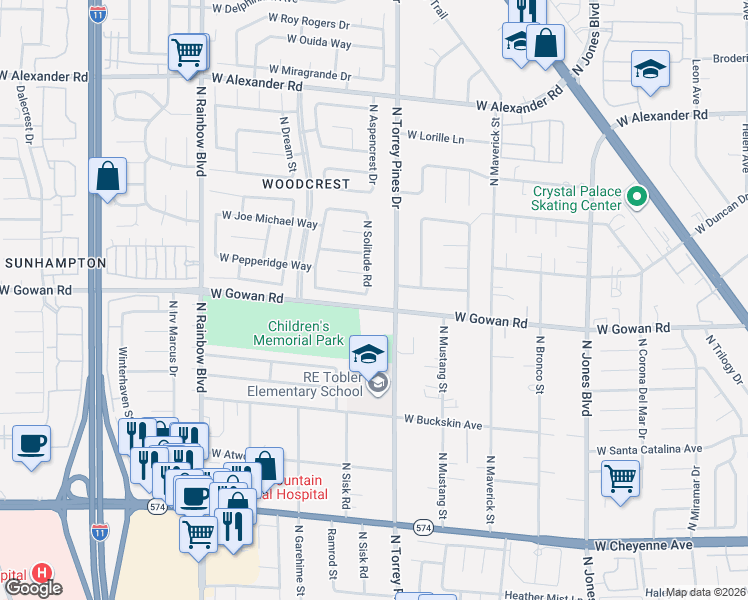 map of restaurants, bars, coffee shops, grocery stores, and more near 3601 North Solitude Road in Las Vegas