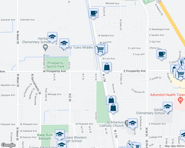 map of restaurants, bars, coffee shops, grocery stores, and more near 400 West Allstar Avenue in Tulare