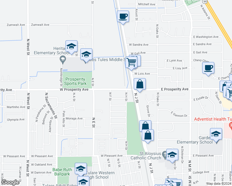 map of restaurants, bars, coffee shops, grocery stores, and more near 484 West Allstar Avenue in Tulare