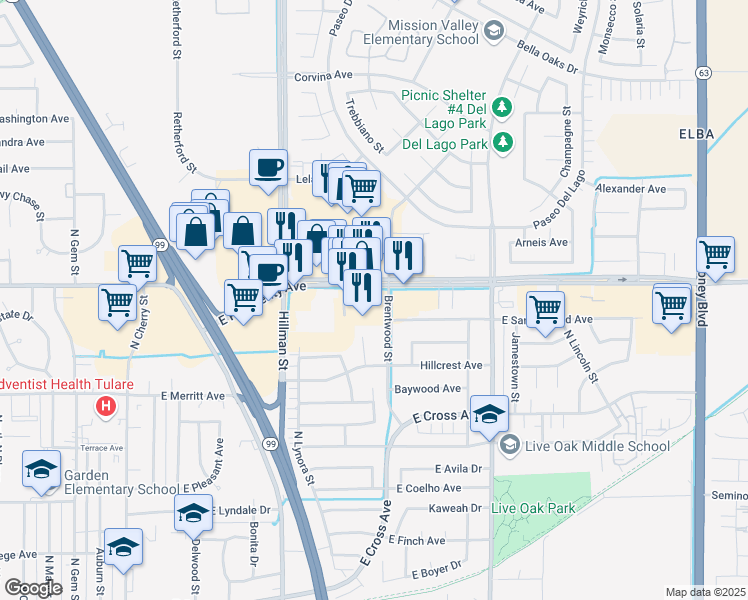 map of restaurants, bars, coffee shops, grocery stores, and more near 1365 East Prosperity Avenue in Tulare