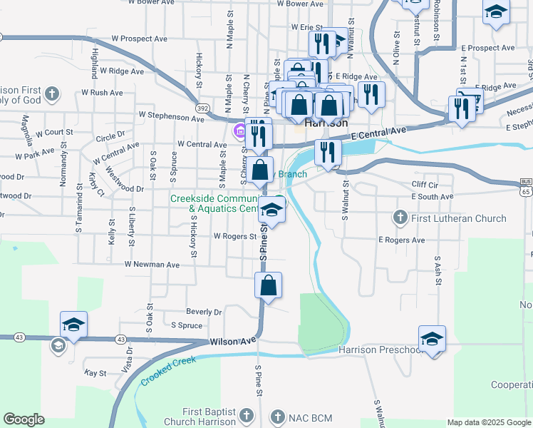 map of restaurants, bars, coffee shops, grocery stores, and more near 515 South Pine Street in Harrison
