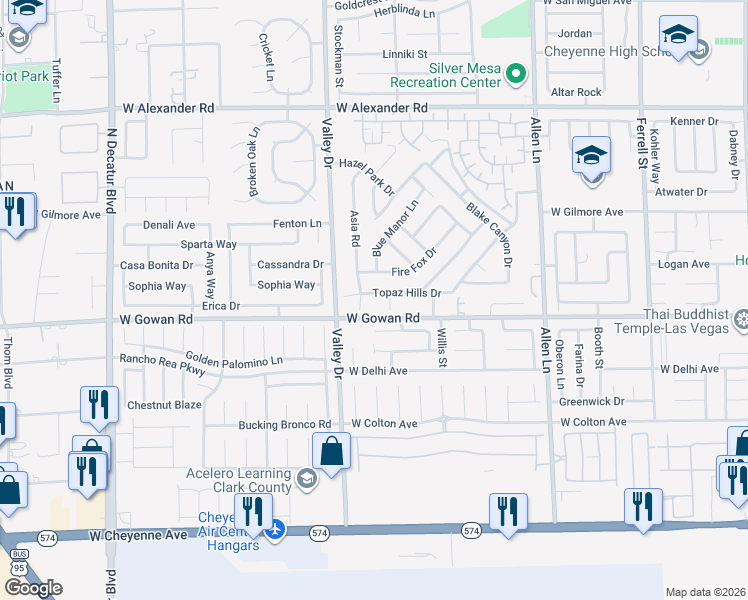 map of restaurants, bars, coffee shops, grocery stores, and more near 4115 Topaz Hills Drive in North Las Vegas