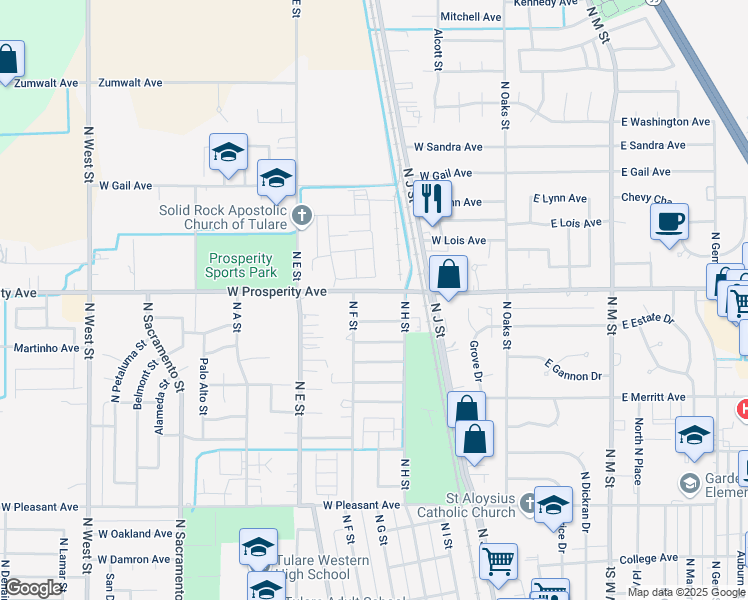 map of restaurants, bars, coffee shops, grocery stores, and more near 455 West Prosperity Avenue in Tulare