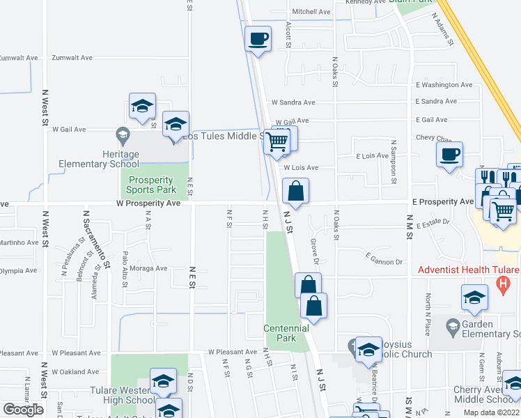 map of restaurants, bars, coffee shops, grocery stores, and more near 413 West Prosperity Avenue in Tulare
