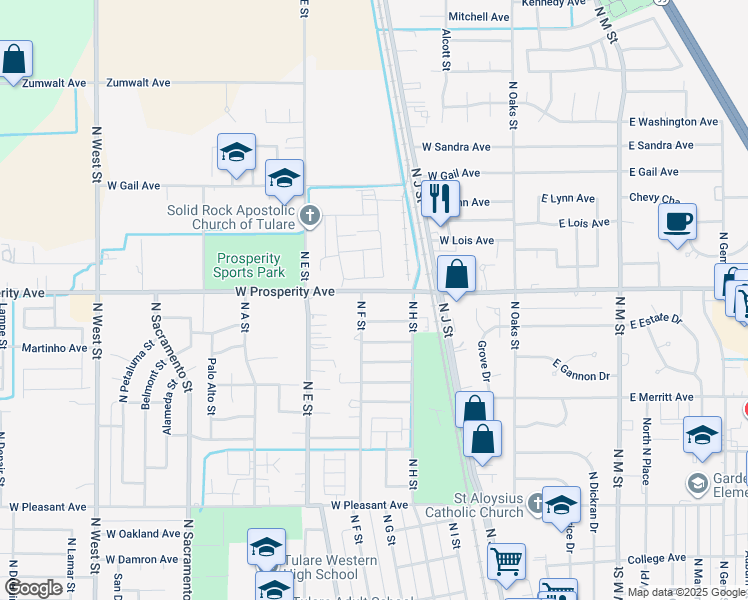 map of restaurants, bars, coffee shops, grocery stores, and more near 473 West Prosperity Avenue in Tulare