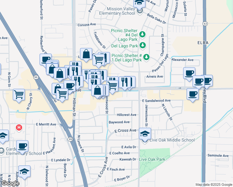 map of restaurants, bars, coffee shops, grocery stores, and more near 1449 East Prosperity Avenue in Tulare