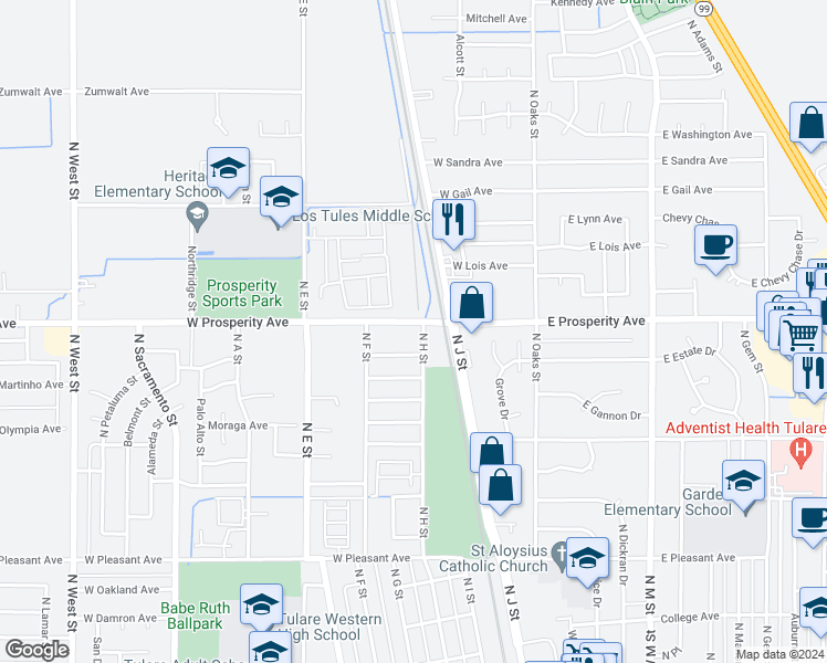map of restaurants, bars, coffee shops, grocery stores, and more near 400 West Allstar Avenue in Tulare