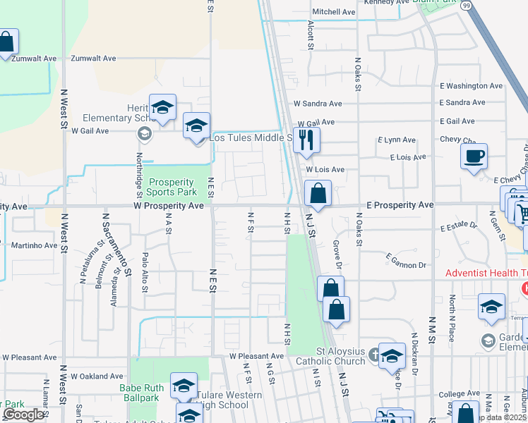 map of restaurants, bars, coffee shops, grocery stores, and more near 484 West Allstar Avenue in Tulare