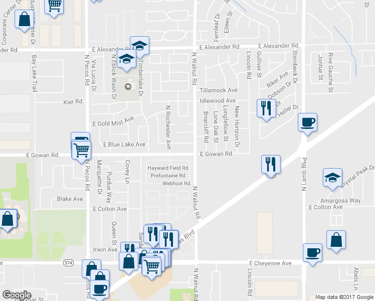 map of restaurants, bars, coffee shops, grocery stores, and more near 3870 East Gowan Road in Las Vegas