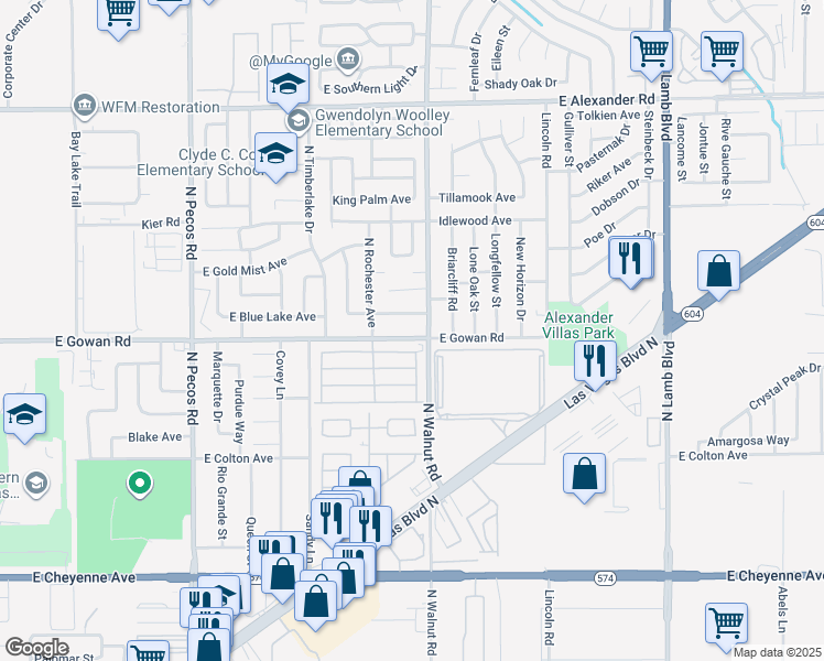 map of restaurants, bars, coffee shops, grocery stores, and more near 3870 East Gowan Road in Las Vegas
