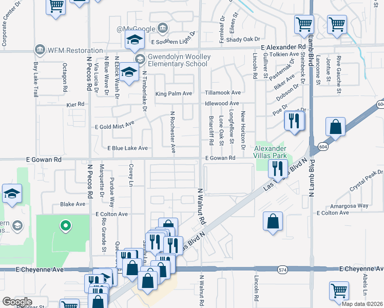 map of restaurants, bars, coffee shops, grocery stores, and more near 3870 East Gowan Road in Las Vegas